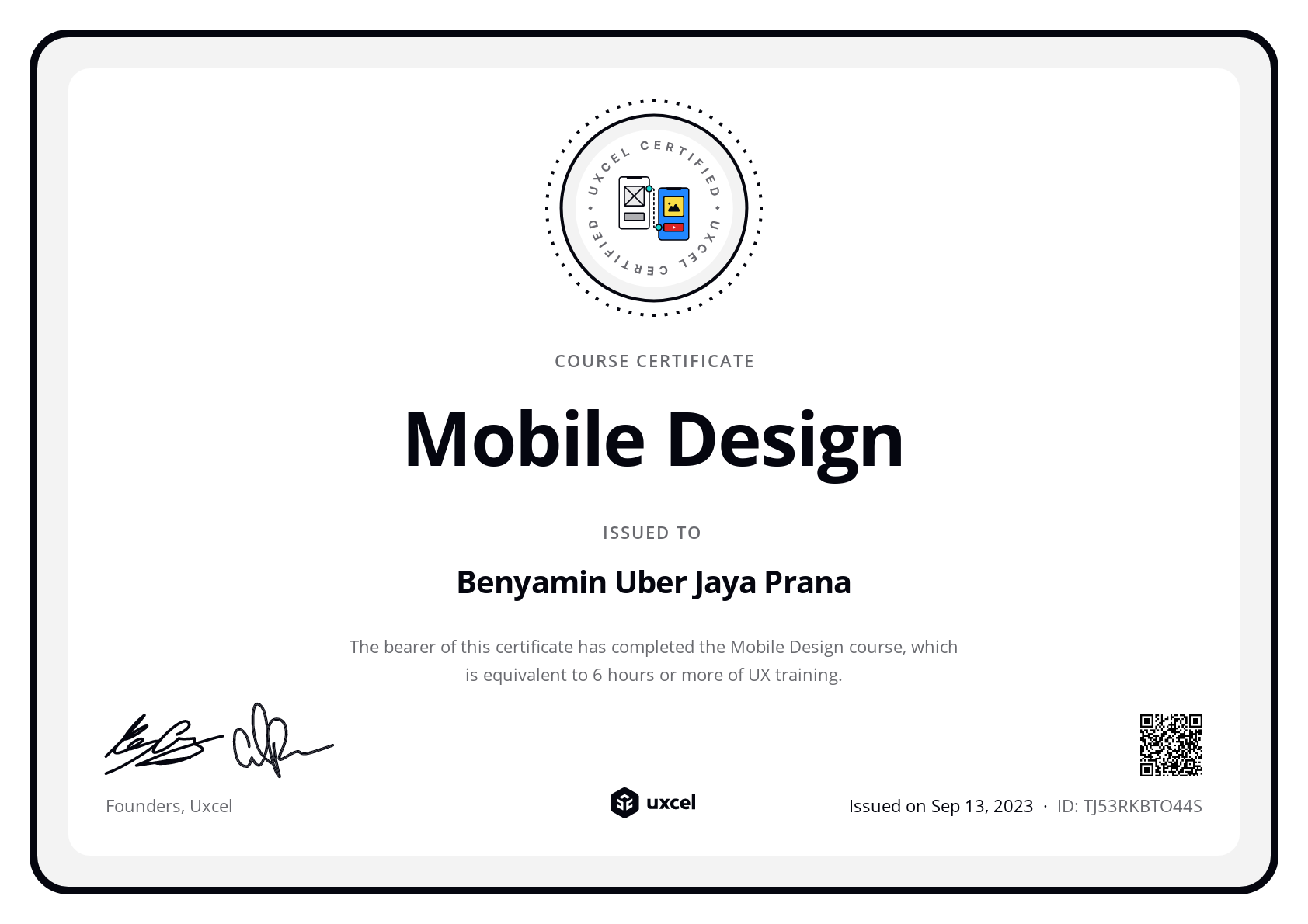 Benyamin Uber Jaya Prana's certificate